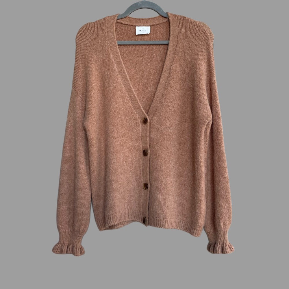 SEZANE Tan Brown Mohair Wool Knit Oversized V Neck Balloon Mia Cardigan Sweater